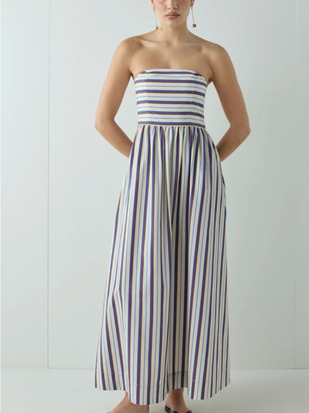 Strapless Maxi Dress in Cream with Blue & Brown Stripes